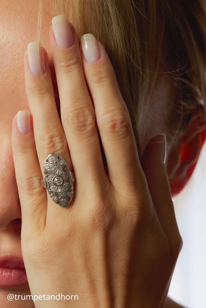 vintage engagement rings on hand from white gold unusual vintage shapes unique decoration trumpetandhorn