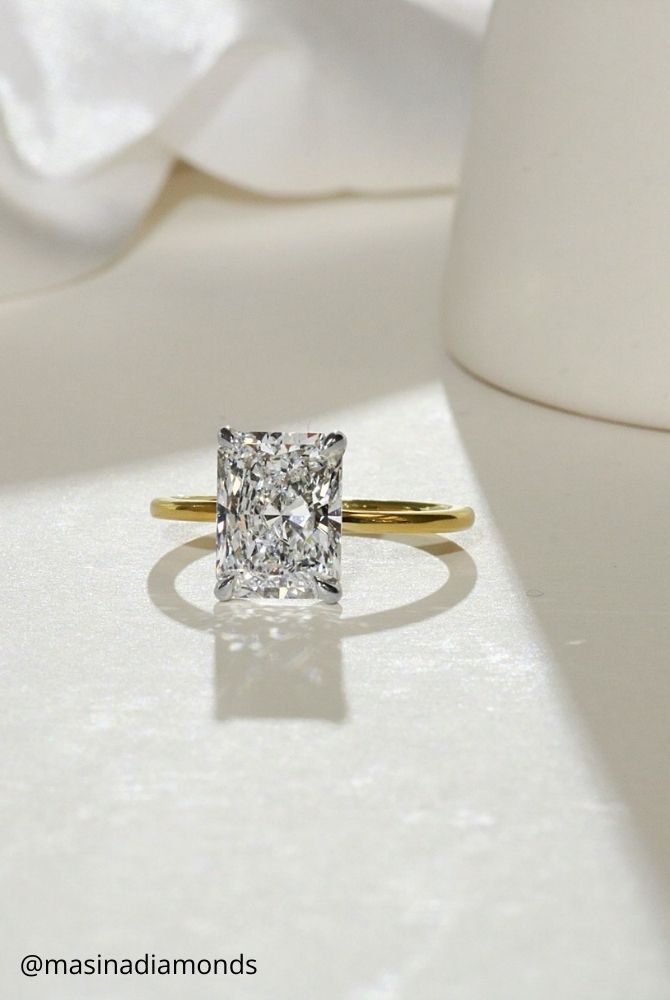 diamond engagement rings radiant stone yellow gold gentle minimalist design rectangular stone masinadiamonds