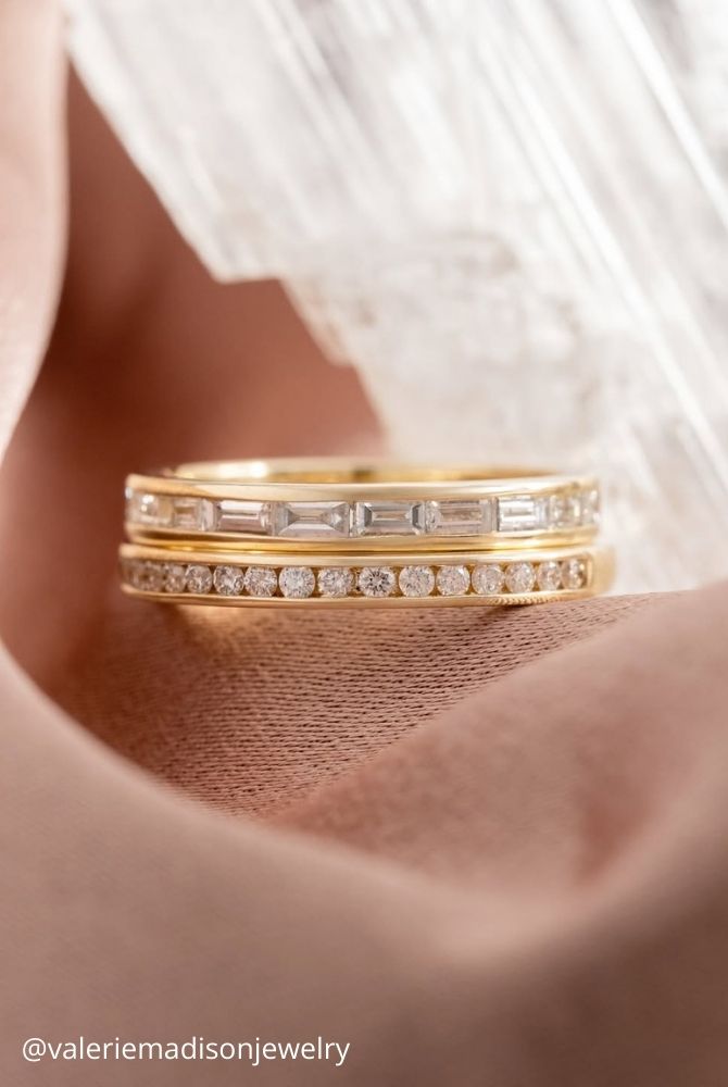 diamond engagement rings radiant stone yellow gold pave path of rectangular stone delicate engagement ring valeriemadisonjewelry