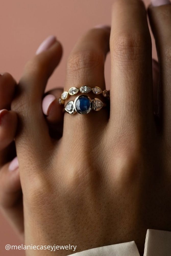 diamond engagement rings radiant stone yellow gold three stone blue stone delicate engagement ring melaniecaseyjewelry