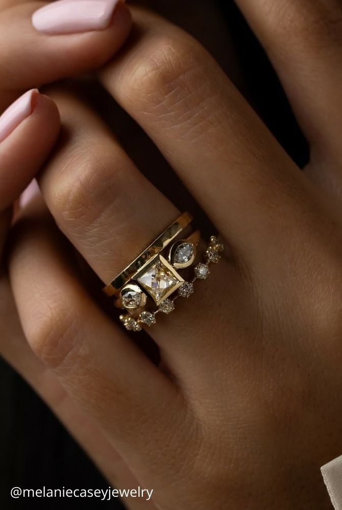 diamond engagement rings radiant stone yellow gold three stone delicate engagement ring melaniecaseyjewelry