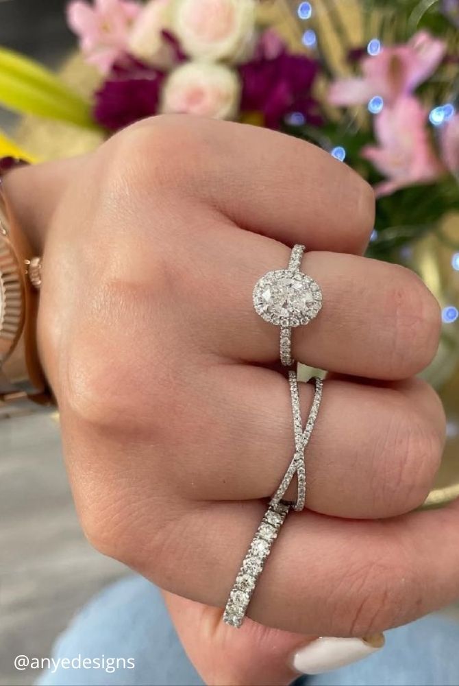 oval engagement rings oval cut diamond halo engagement ring stacked with multiple pave bands anyedesigns