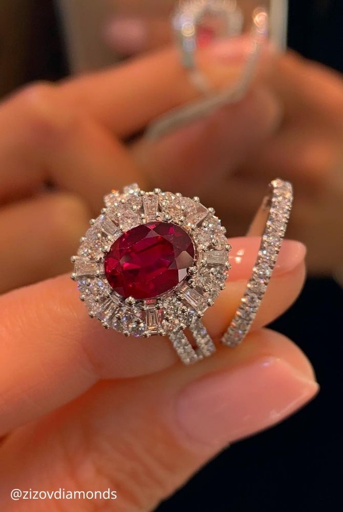 oval engagement rings oval cut ruby engagement ring with double diamond halo and matching band zizovdiamonds