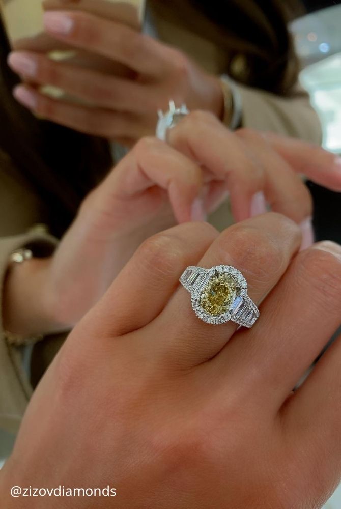oval engagement rings oval cut yellow diamond ring with halo and baguette side stones zizovdiamonds