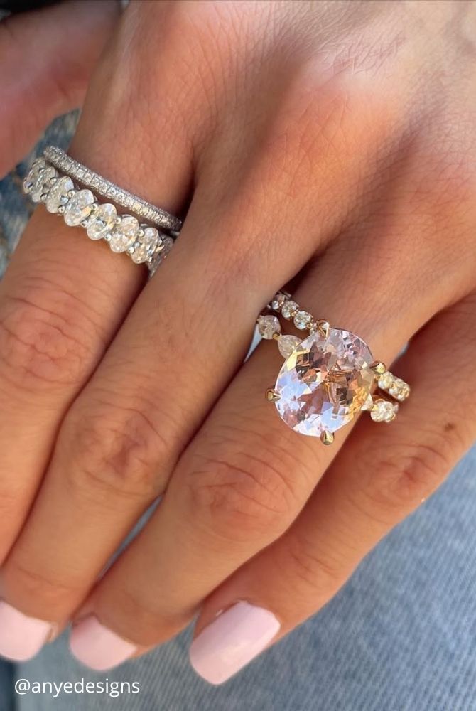 oval engagement rings pink oval cut gemstone ring paired with diamond eternity band in rose gold anyedesigns