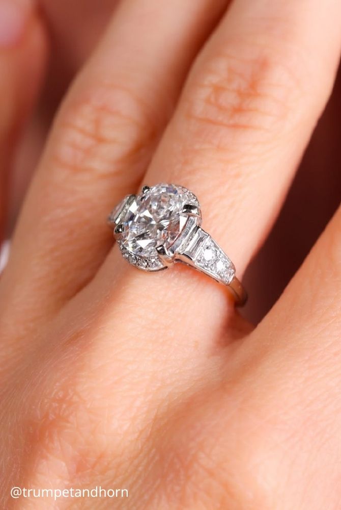 oval engagement rings vintage oval cut diamond ring with baguette and round side stones trumpetandhorn