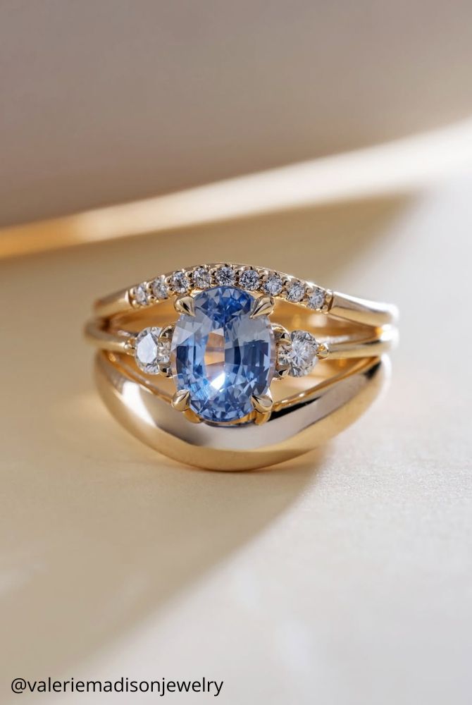 oval engagement rings yellow gold ring with three stones blue stone valeriemadisonjewelry