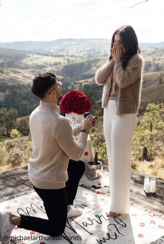 cheap proposal ideas romantic marriage proposal red roses rug mountain view michaelarthurdiamonds