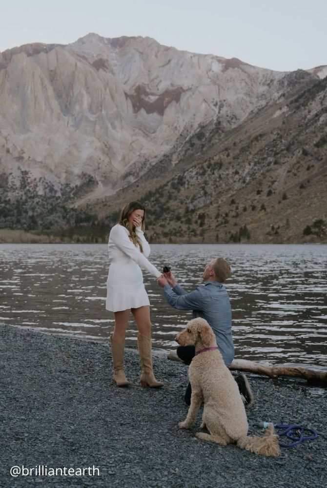 cheap proposal ideas romantic mountain lake proposal with man on one knee and dog sitting nearby brilliantearth