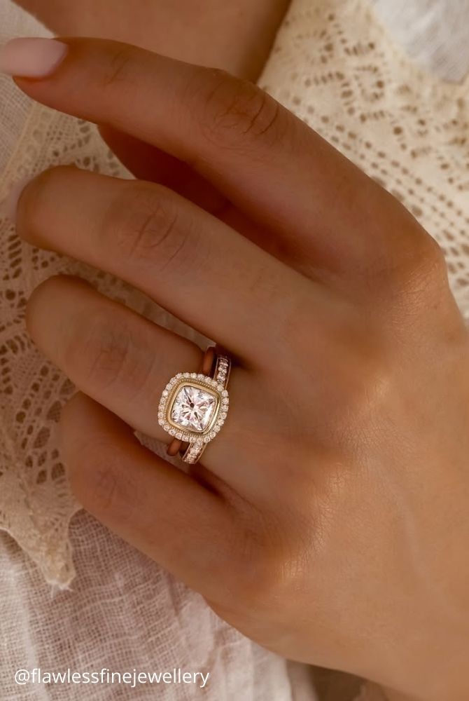 diamond wedding rings cushion cut diamond engagement ring with bezel halo in rose gold set flawlessfinejewellery