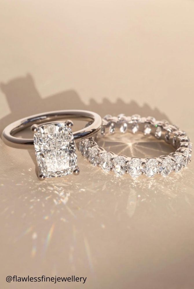 diamond wedding rings cushion cut diamond solitaire ring with oval diamond stackable band in white gold flawlessfinejewellery