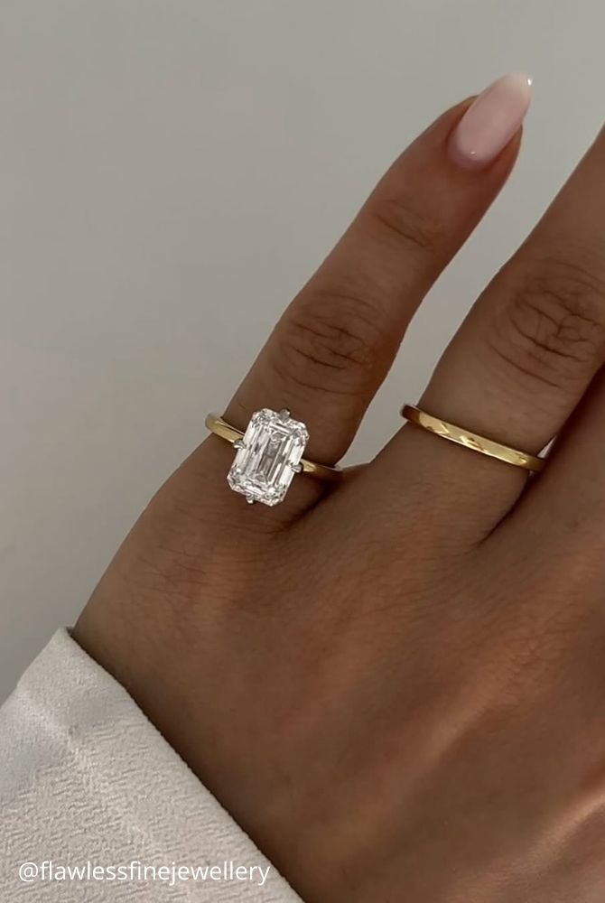 diamond wedding rings emerald cut diamond solitaire engagement ring with yellow gold wedding band flawlessfinejewellery
