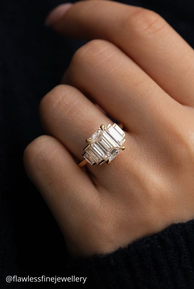 diamond wedding rings emerald cut diamond trilogy ring with baguette diamonds in yellow gold flawlessfinejewellery