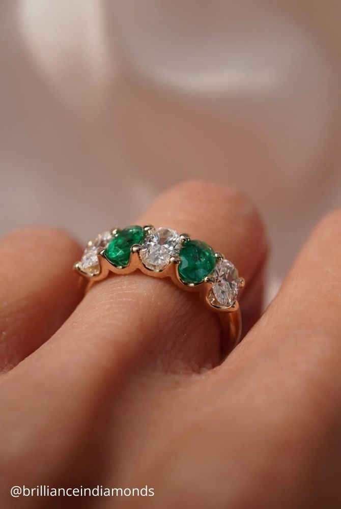 diamond wedding rings five stone emerald and diamond anniversary band in yellow gold brillianceindiamonds