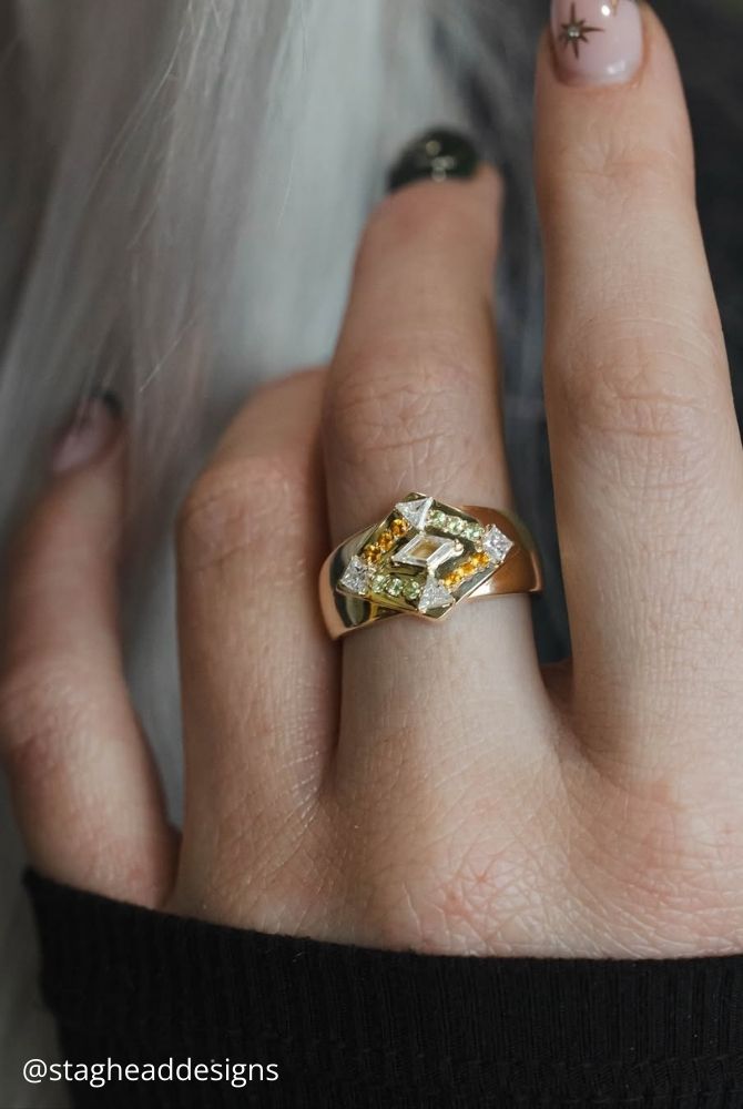 diamond wedding rings geometric yellow gold cocktail ring with baguette diamonds and colored gemstones stagheaddesigns