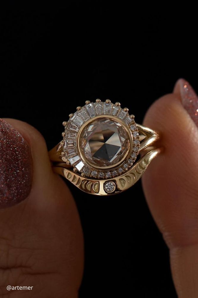 diamond wedding rings ring of yellow gold with stones and a large round stone in the center artemer