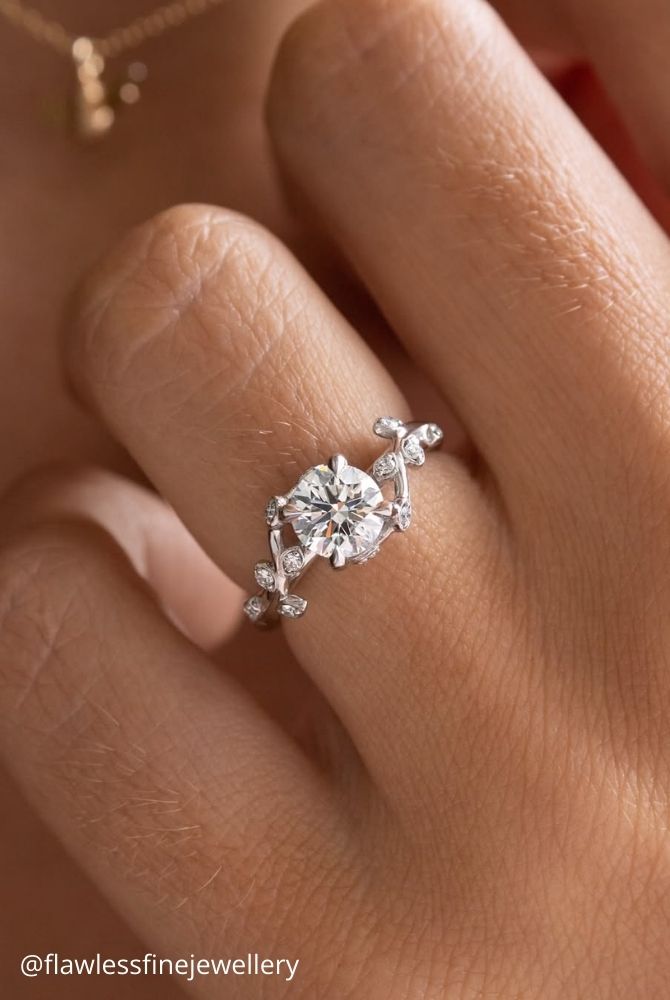 diamond wedding rings round diamond ring with vine and leaf setting in white gold flawlessfinejewellery