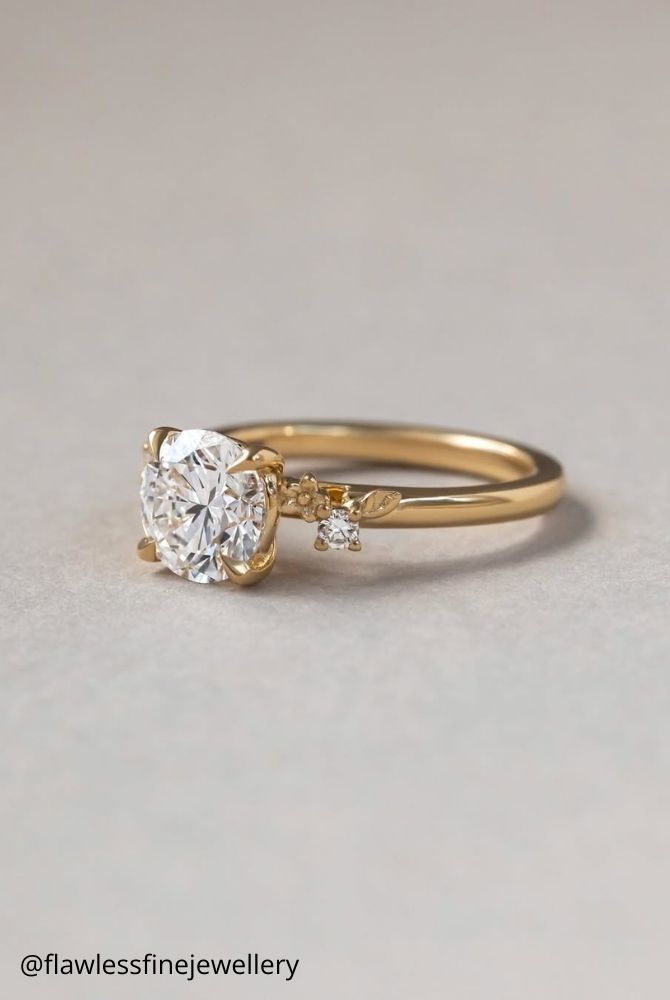 diamond wedding rings round diamond solitaire ring in yellow gold with floral accent flawlessfinejewellery