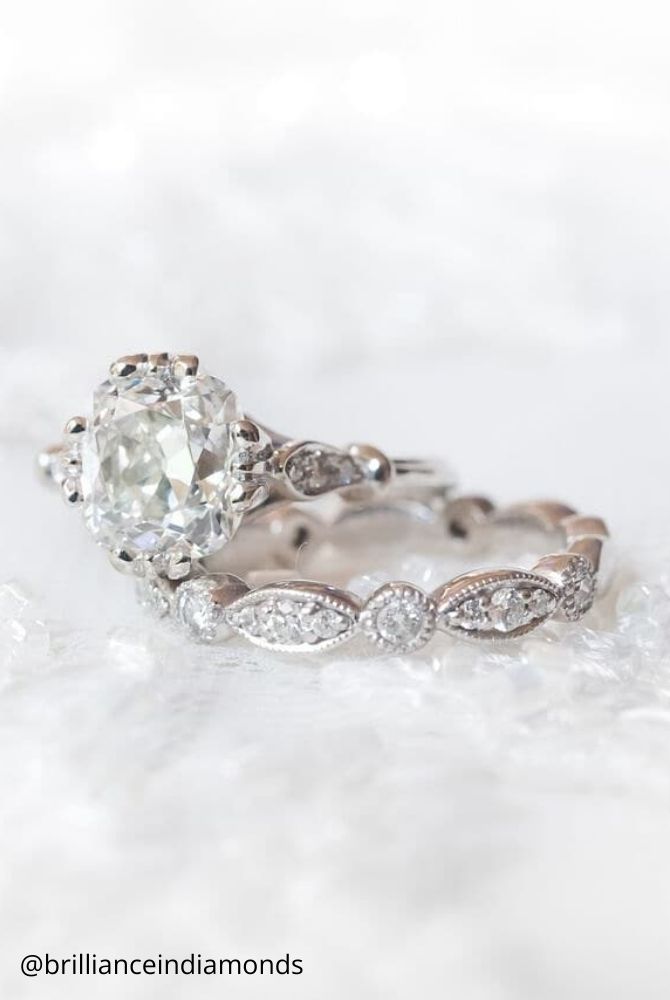 diamond wedding rings vintage cushion cut diamond solitaire engagement ring with vintage wedding band in white gold brillianceindiamonds