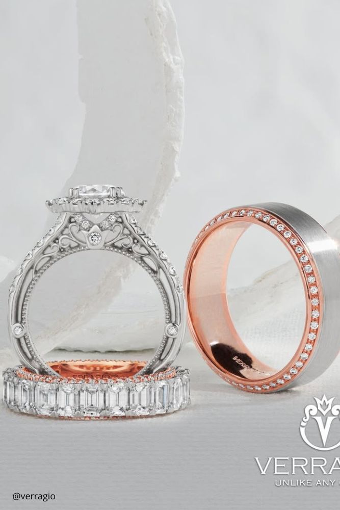 diamond wedding rings wedding ring with rose gold with stones with track three rings men's and women's verragio