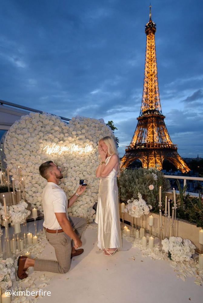 engagement photos proposal in Paris on the background of the shining tower romantic photo kimberfire