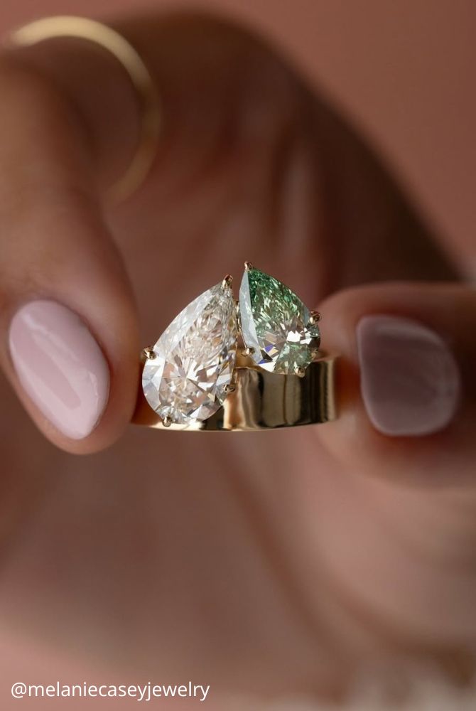 solitaire engagement rings yellow gold pearl cut two stone pointed melaniecaseyjewelry