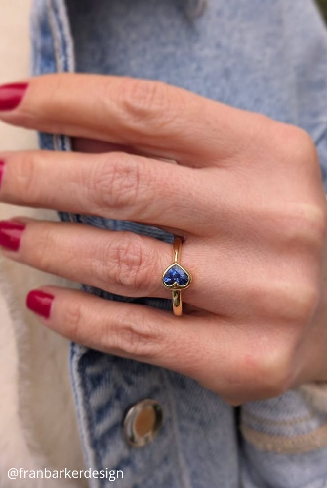 solitaire engagement rings yellow gold ring on hand stone blue heart shape franbarkerdesign