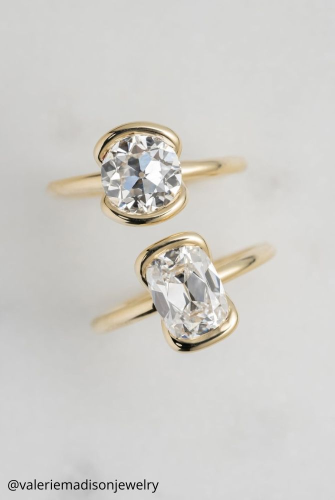 solitaire engagement rings yellow gold two rings unusual delicate with stones in a gold frame valeriemadisonjewelry