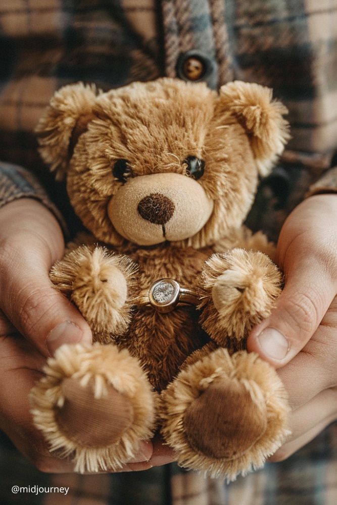 christmas proposal cute teddy bear with engagement ring in his paws midjourney