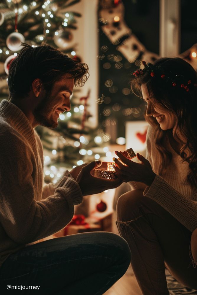 christmas proposal guy proposes to a girl at home near the christmas tree midjourney